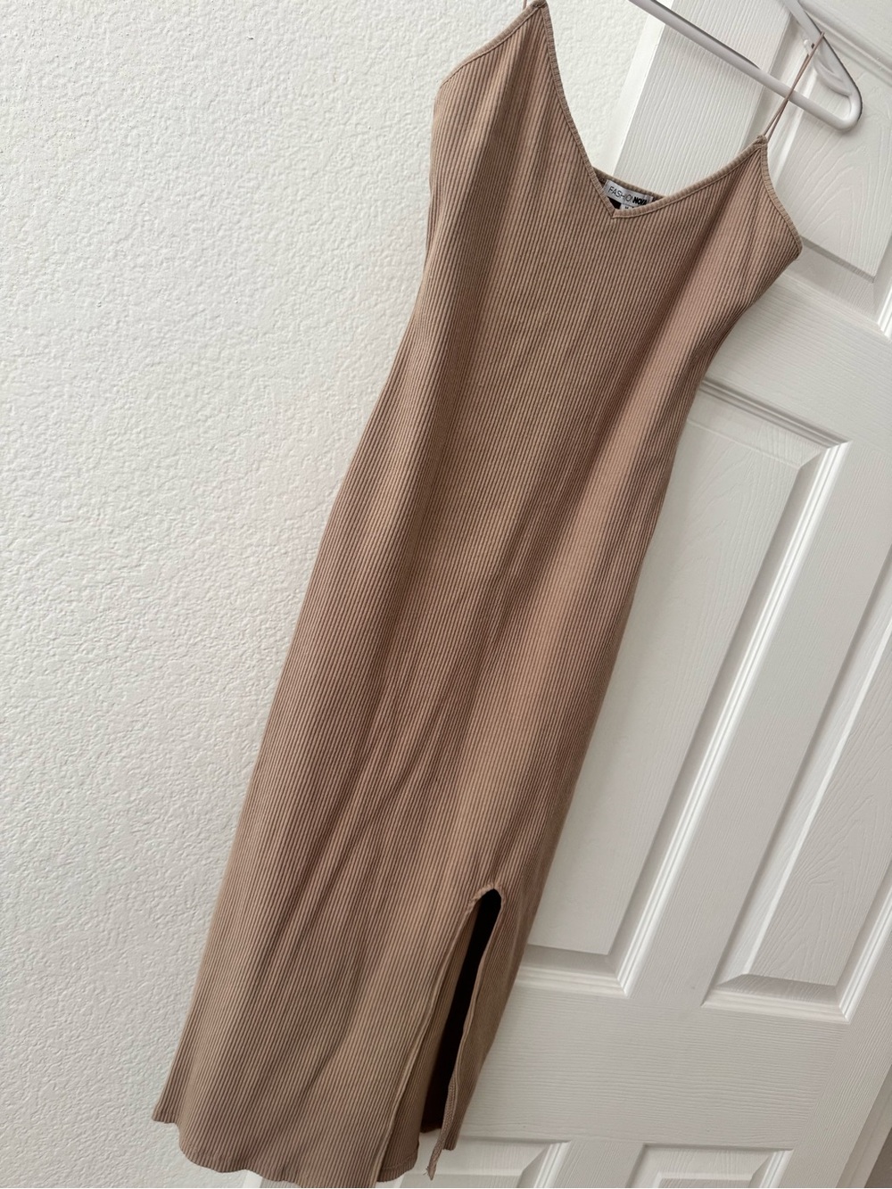 Fashion Nova Ribbed Tan Midi Slip Dress with Side Slit